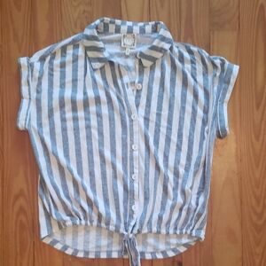 Button-Up Shirt with Gray and White Stripes - Brand Labeled